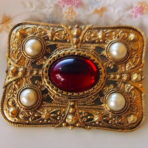 Vintage Big 1928 Brand Faux Pearl Red Lucite Rectangle Brooch Pin